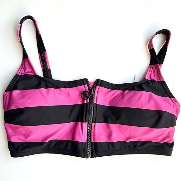 NWT MICHAEL Michael Kors Women's Striped Zip-Front Bikini Swim Top.  Size M - Picture 3 of 6